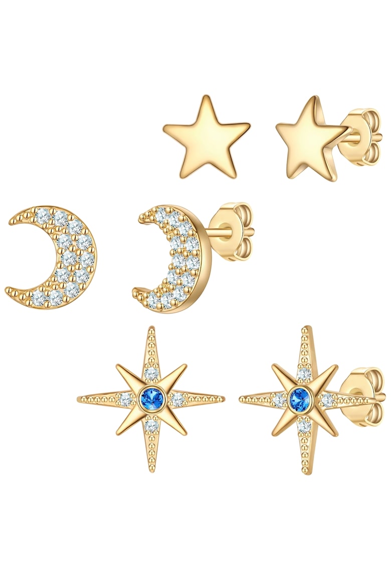 Set de cercei placati cu aur de 14K - zirconia si tija - 3 perechi - Auriu