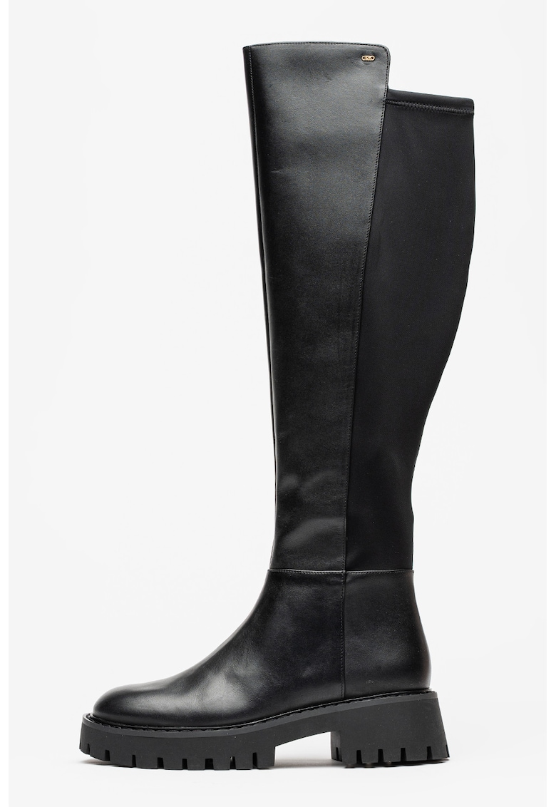 Cizme inalte pana peste genunchi din piele si material textil - Negru