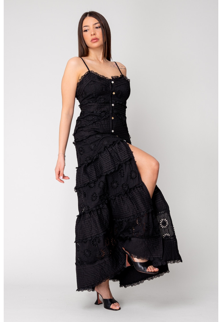 Rochie lunga cu nasturi si broderie Black 16351 - Negru