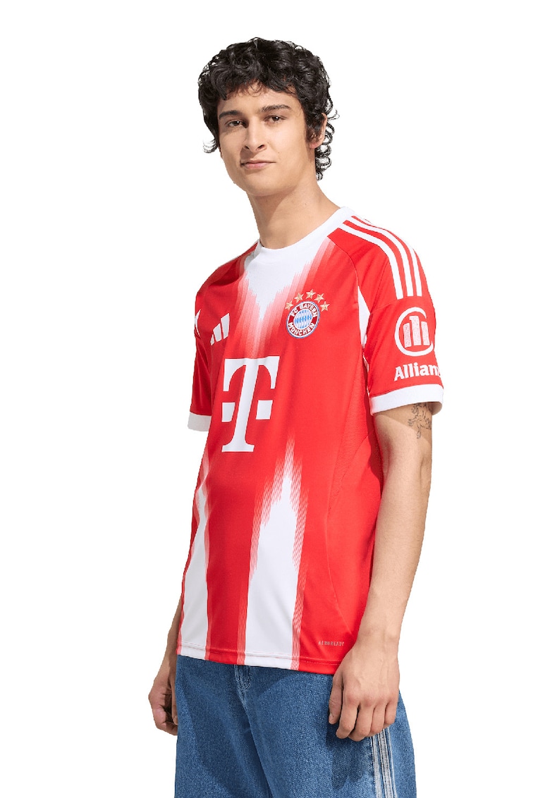 Tricou slim fit pentru fotbal FC Bayern München - Alb/Rosu vermillion