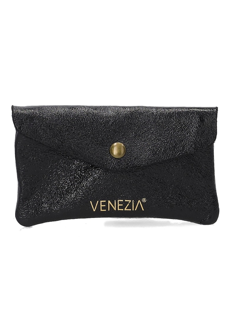 Portofel dama piele naturala - negru - 14 -5x8cm - cu fermoar si capsa