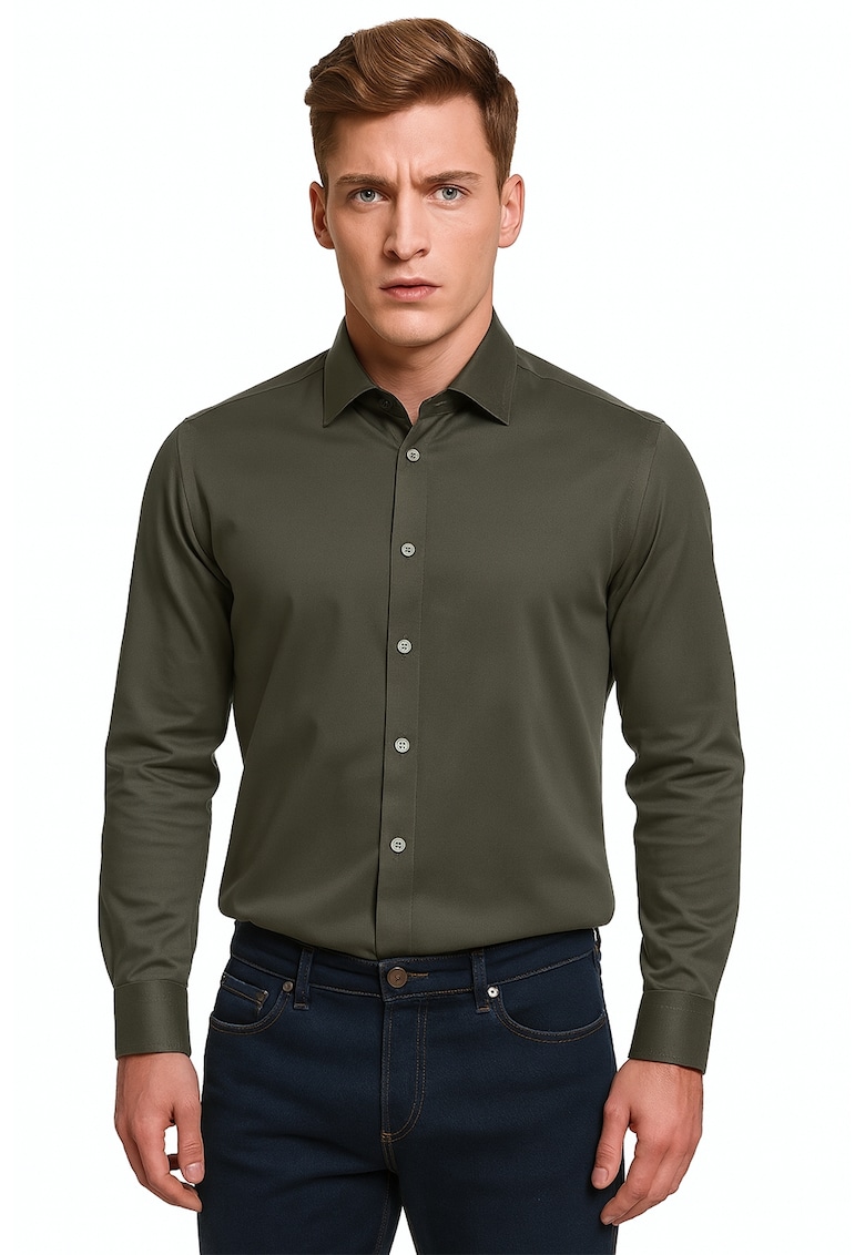 Camasa cambrata din amestec de bumbac - Kaki inchis