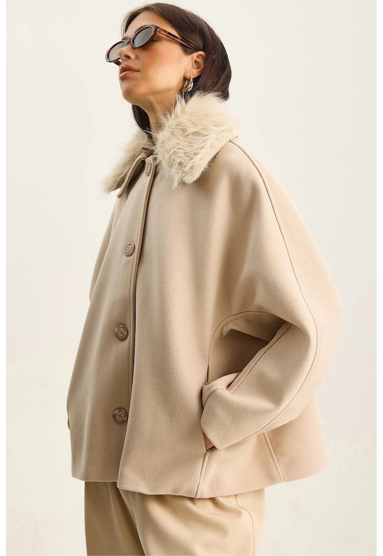 Palton dama - supradimensionat - guler de blana - bej natural - fleece