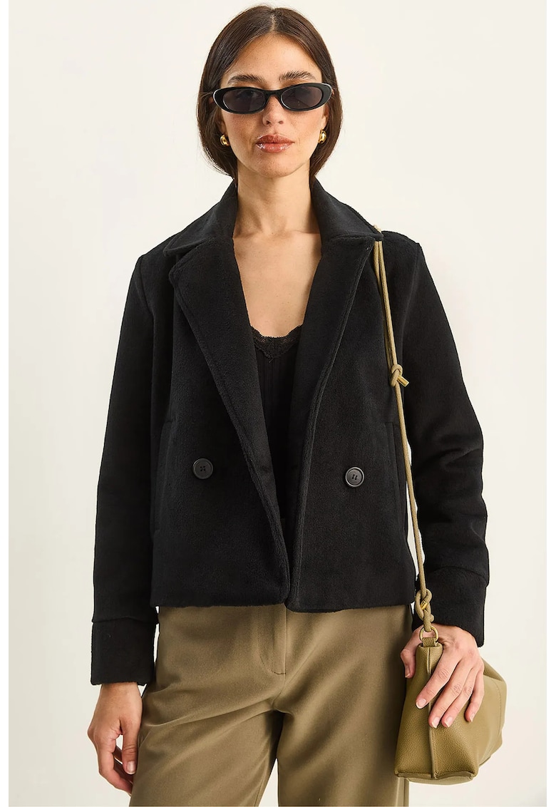 Palton dama - fetru plusat - negru - cu nasturi si buzunare