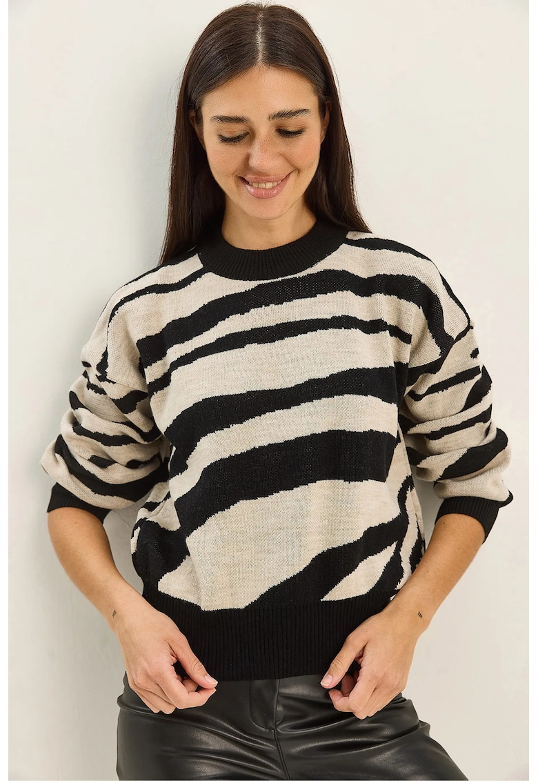 Pulover dama - Tricot - Negru/Bej - Guler rotund -