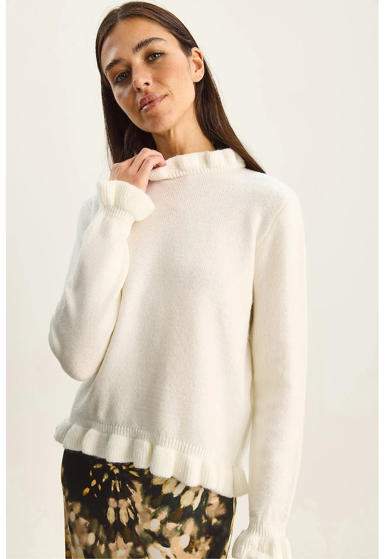 Pulover tricotat - guler inalt - cu nasturi - alb -