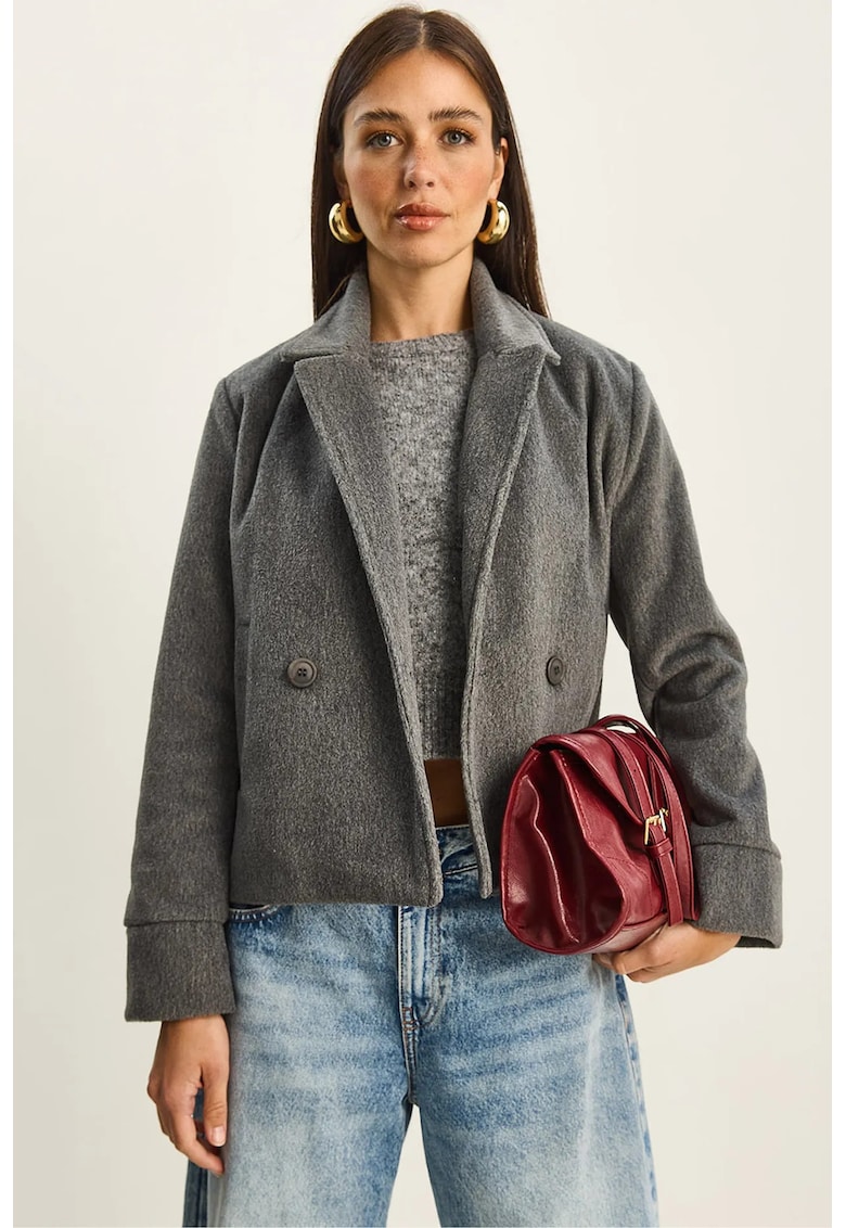 Palton dama - plusat - gri carbune - textil