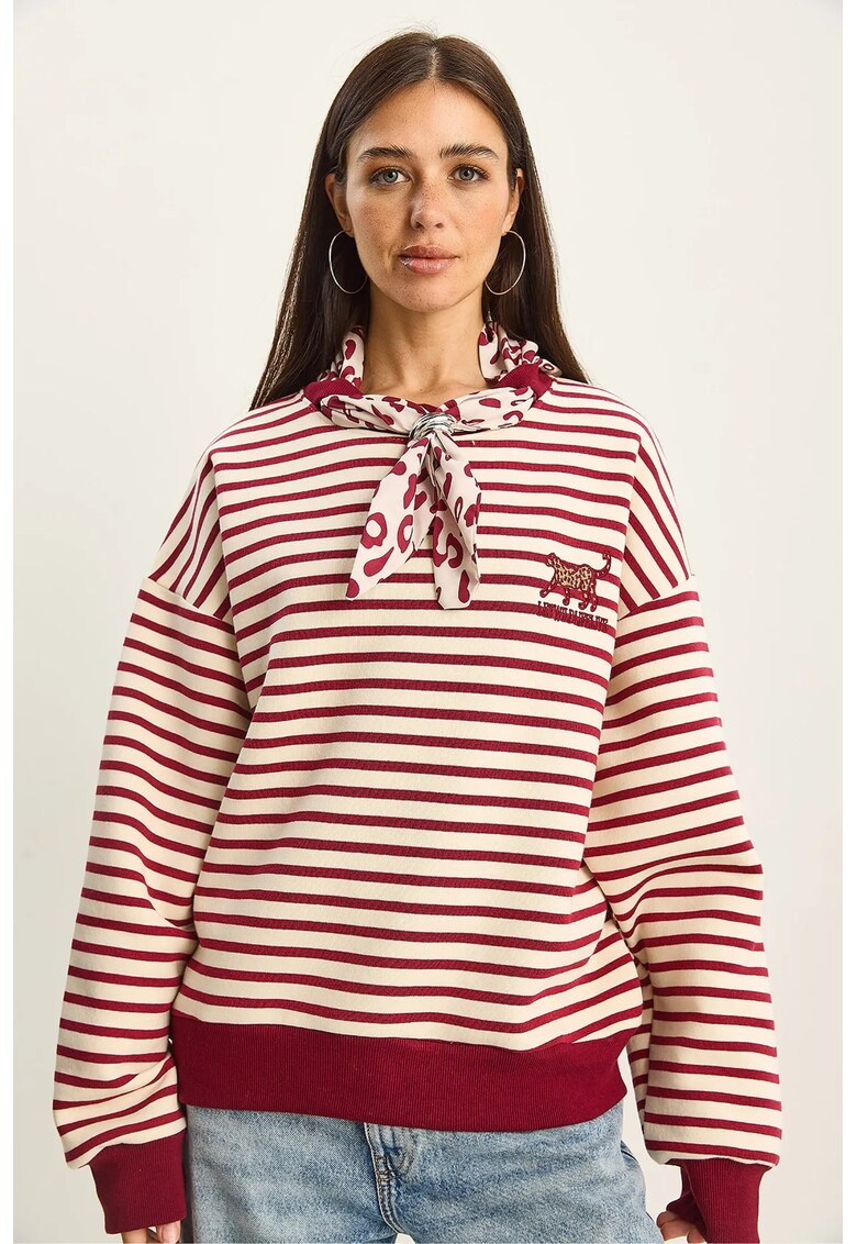 Hanorac dama - cu gluga - dungi - rosu-cires - textil