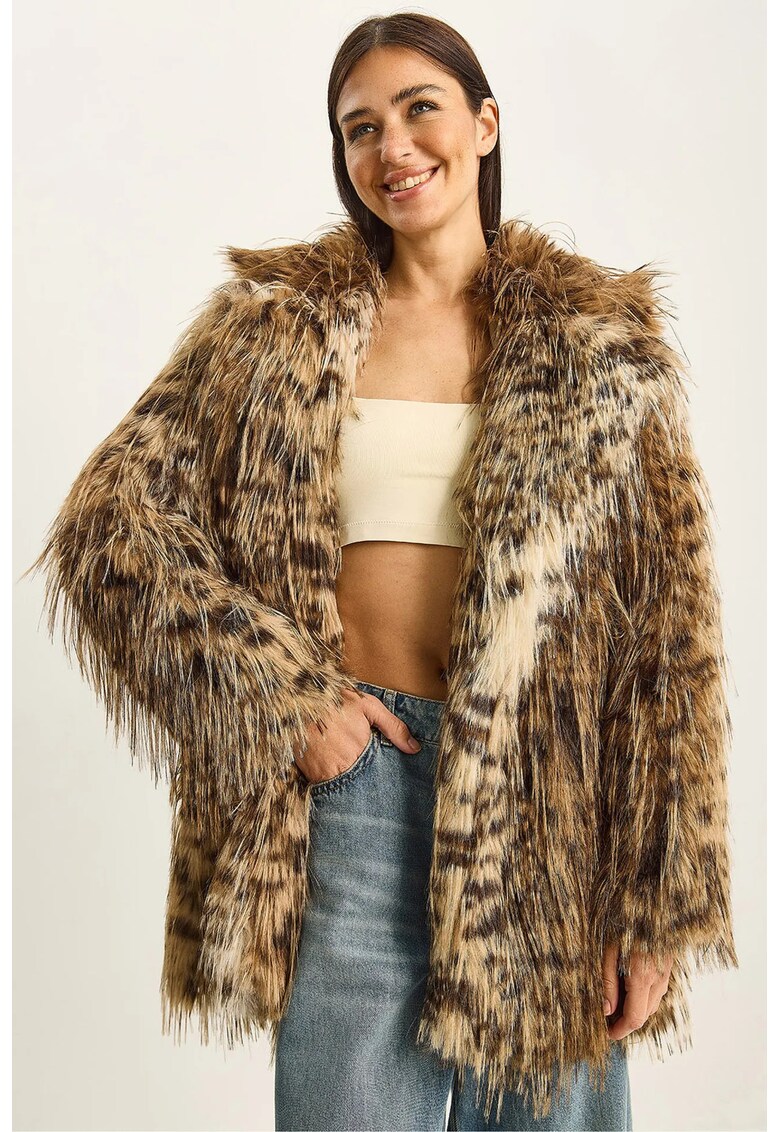 Palton dama - jacheta supradimensionata din blana artificiala cu imprimeu leopard - natural - textil