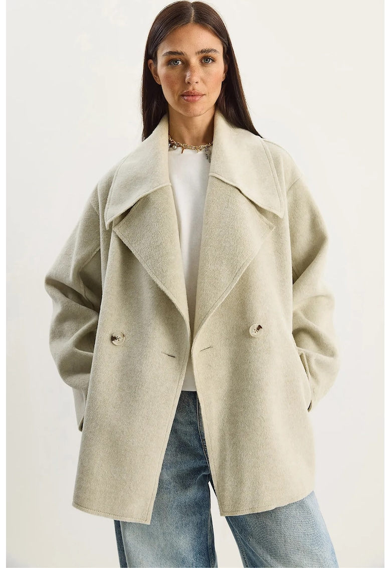 Palton dama - jacheta oversize cu nasturi si guler - bej natural - textil