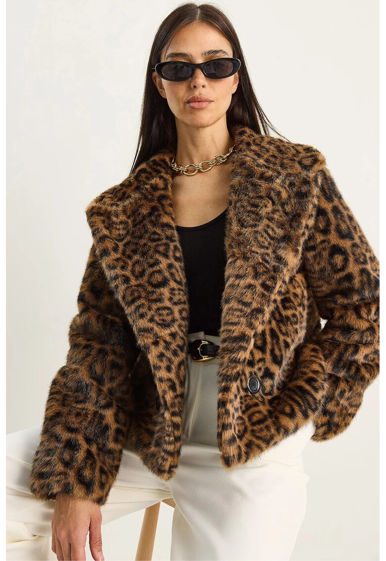 Palton dama - supradimensionat - imprimeu leopard - mocha brown - fleece