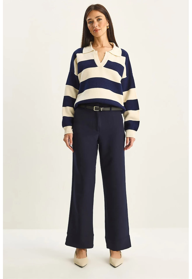 Pantaloni dama - talie inalta - picior larg - albastru marin - textil