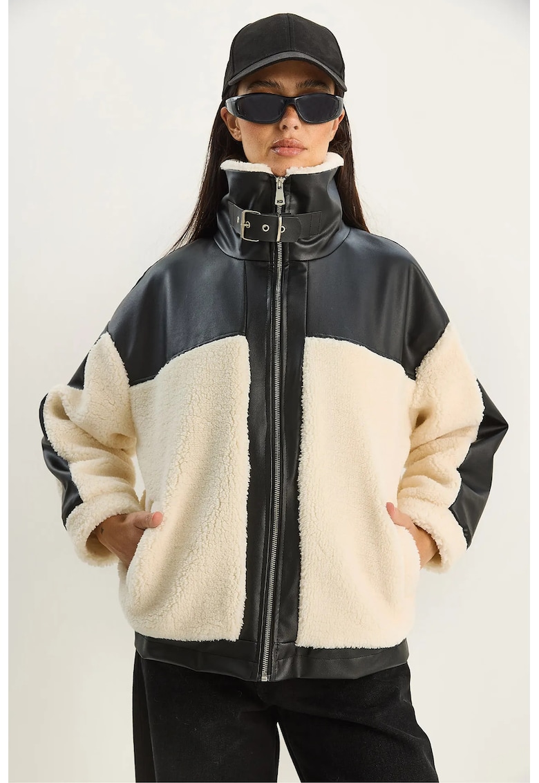 Jacheta oversize piele ecologica - detalii din plus - natural