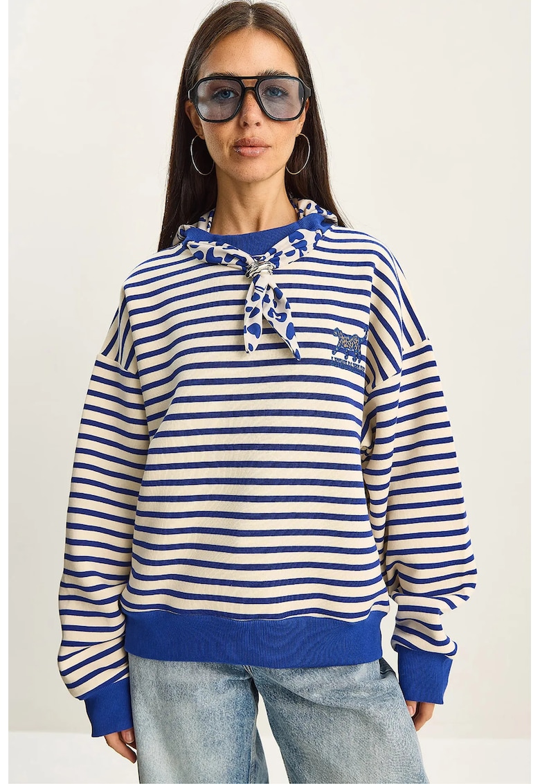 Hanorac dama - cu gluga - dungi - albastru marocan - textil