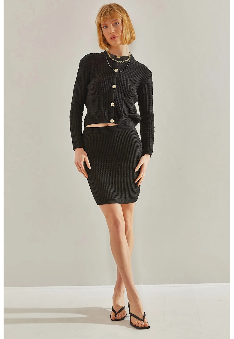 Costum dama - set de doua piese - cardigan tricotat - fusta evazata - negru - jerseu -