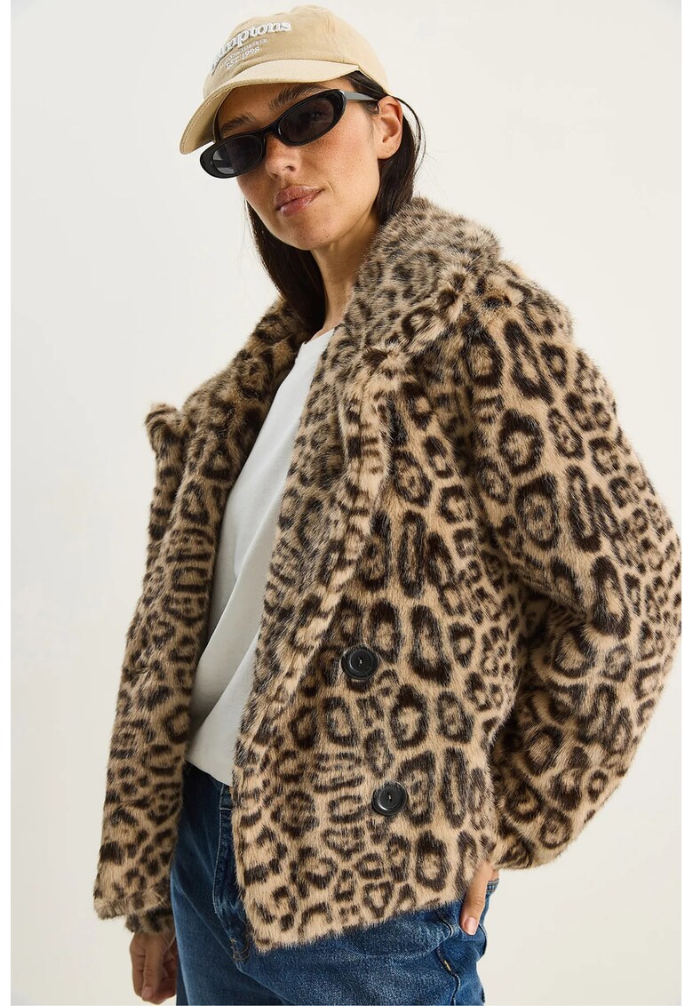 Palton dama - supradimensionat - imprimeu leopard - bej natural - fleece