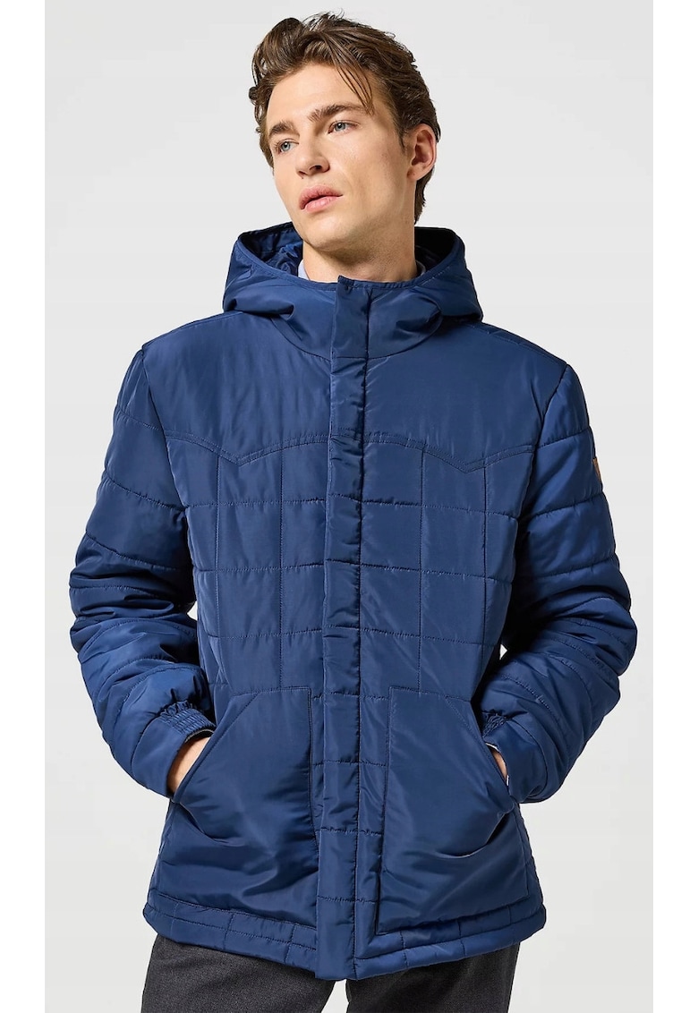 Geaca barbati - jacheta matlasata cu gluga - fermoar - albastra - bumbac