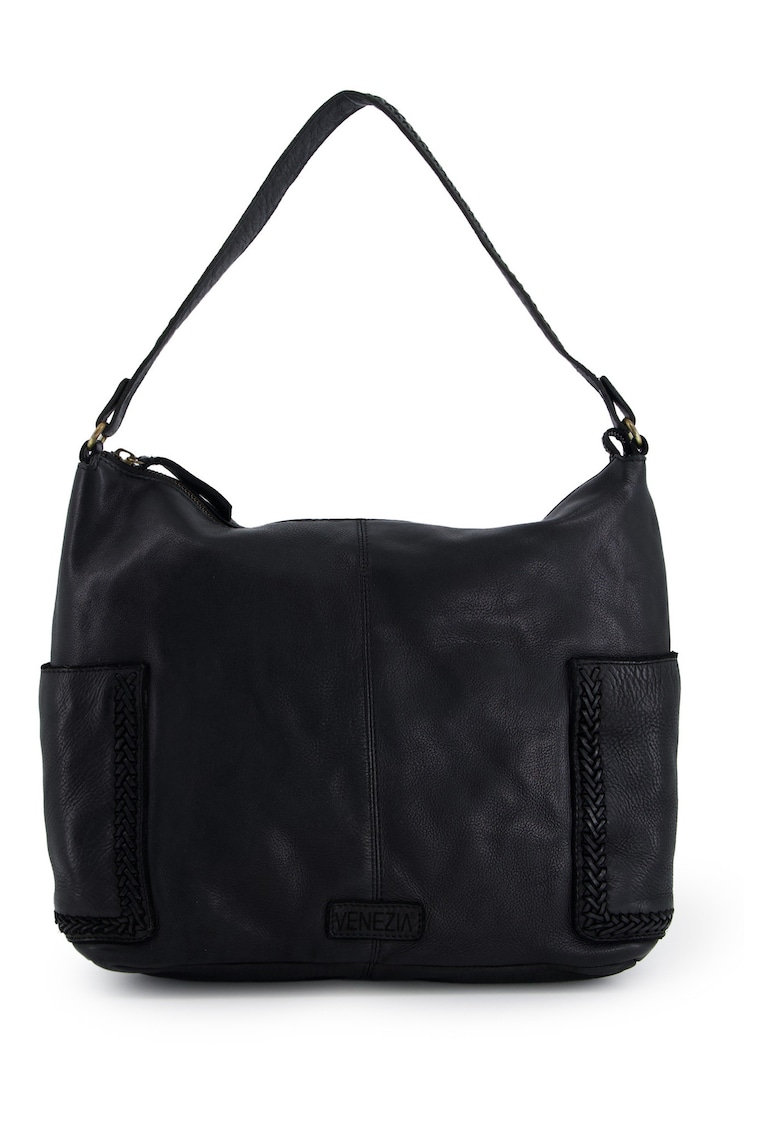 Geanta din piele naturala - neagra - cu 3 buzunare exterioare