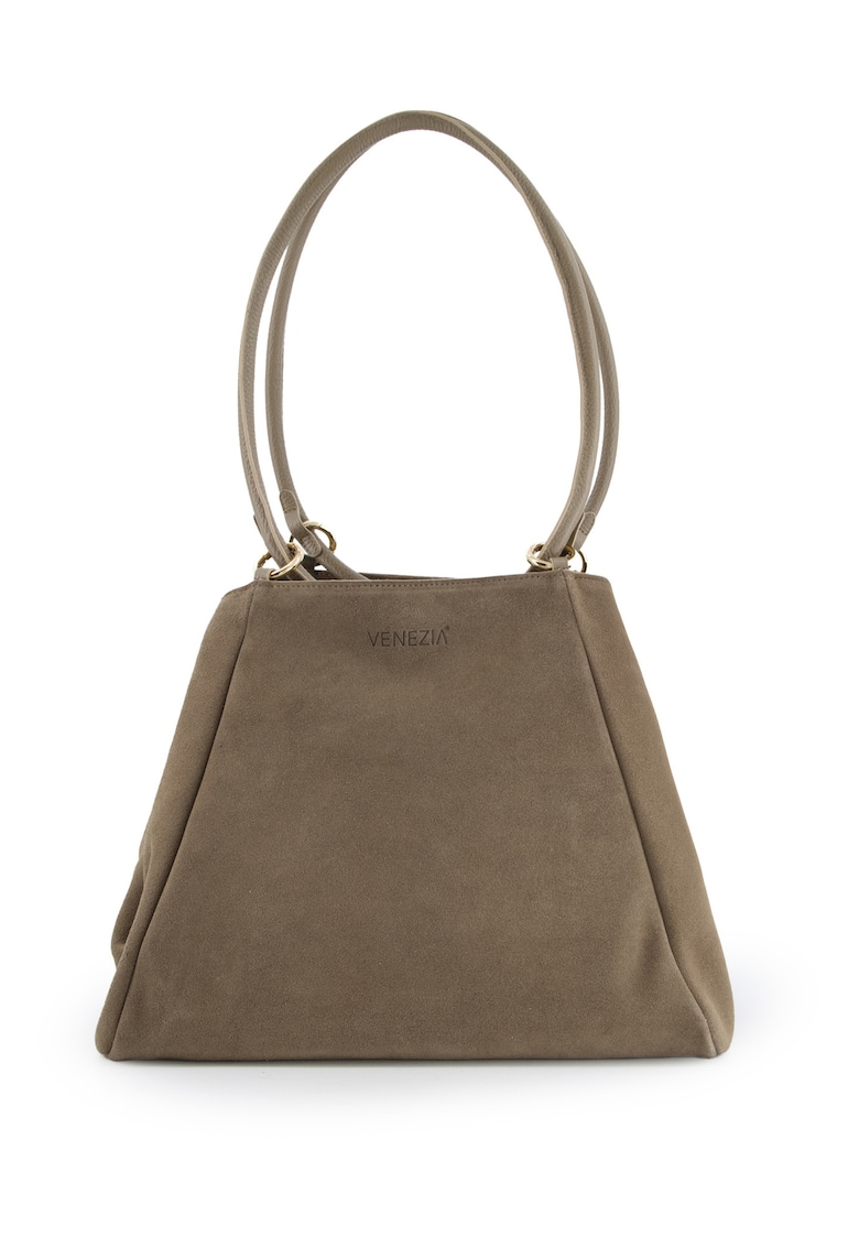 Geanta shopper dama gri - piele intoarsa - cu detalii aurii