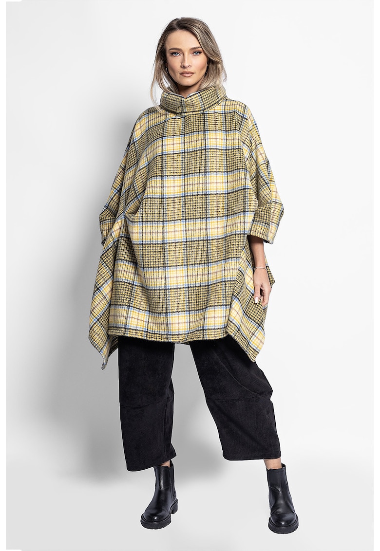 Poncho cu model in carouri si guler inalt - Negru/Galben/Albastru