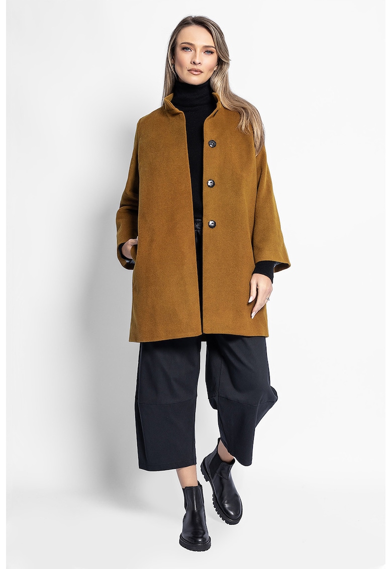 Palton din amestec de lana cu maneci evazate - Caramel