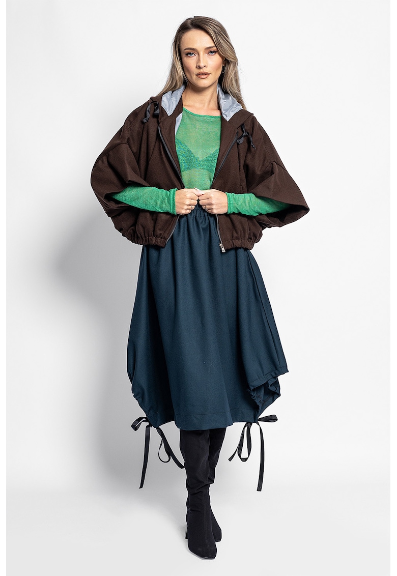 Jacheta din amestec de lana cu gluga si maneci 3/4 - Maro inchis