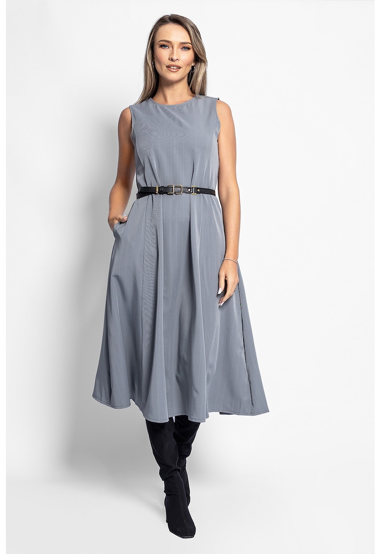 Rochie evazata fara maneci cu o curea in talie - Gri