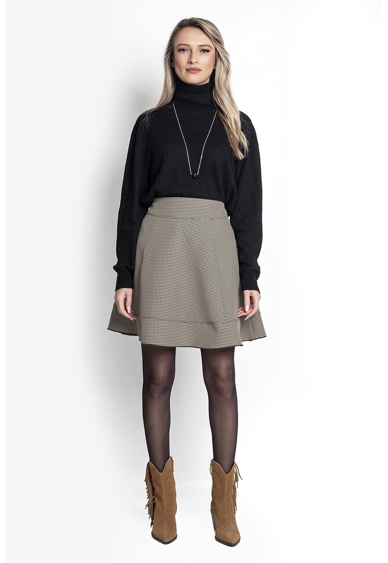Fusta cu croiala pe bie si model in carouri - Negru/Bej