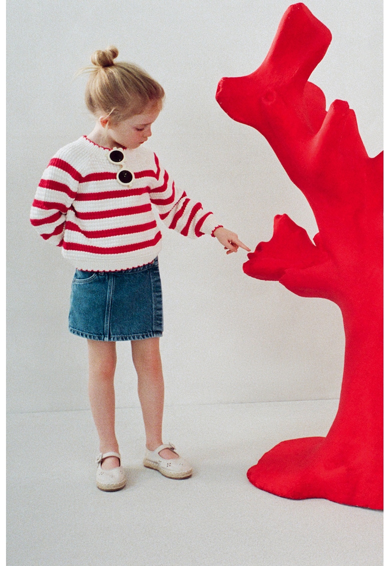 Pulover din amestec de bumbac cu model in dungi - Albastru glaciar/Auriu rose