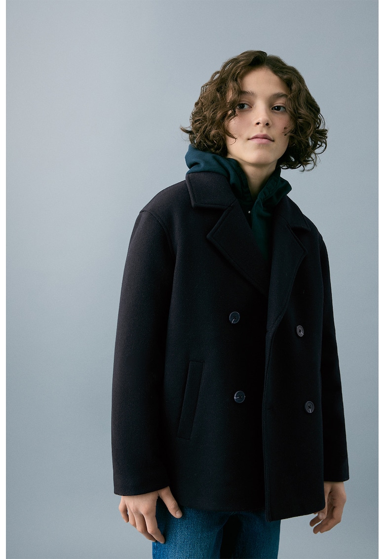 Palton din amestec de lana cu model uni - Albastru ultramarin