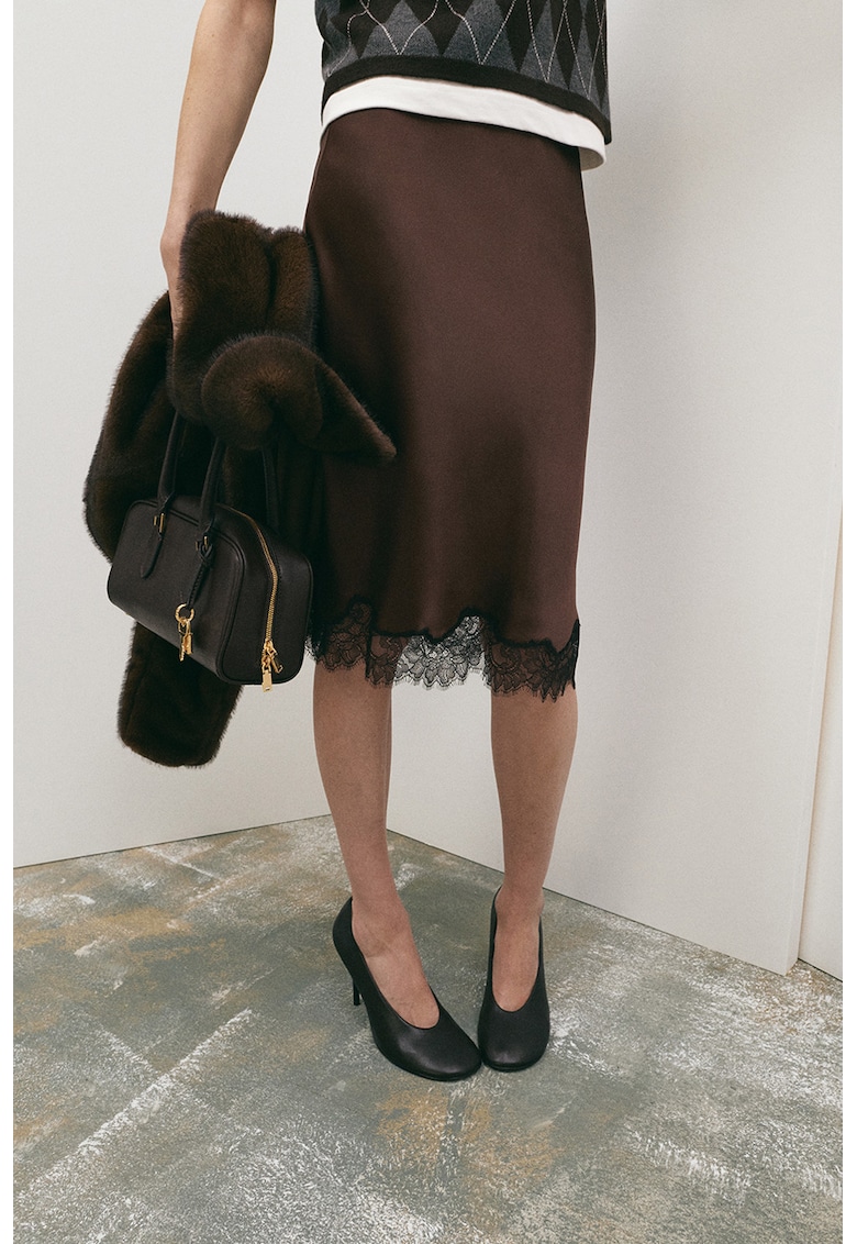 Fusta midi de satin cu garnitura de dantela - Maro inchis