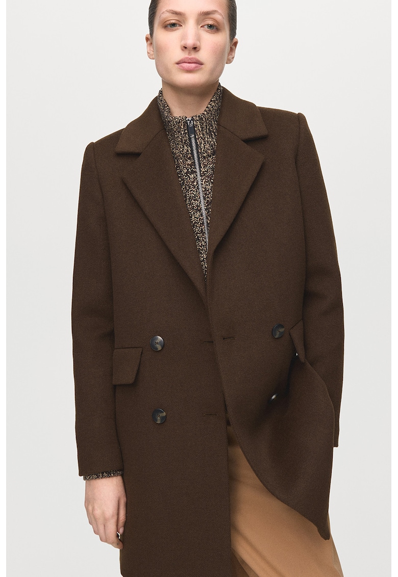 Palton din amestec de lana cu doua randuri de nasturi - Maro inchis