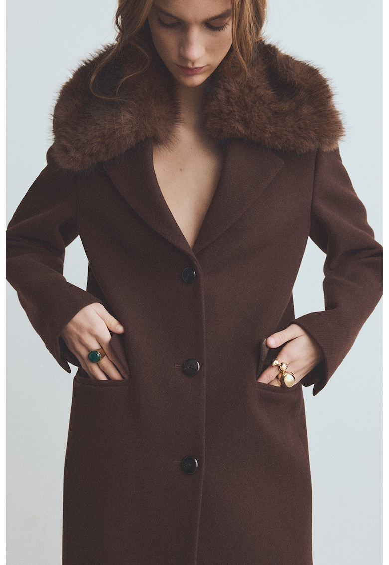 Palton din amestec de lana cu buzunare - Maro inchis