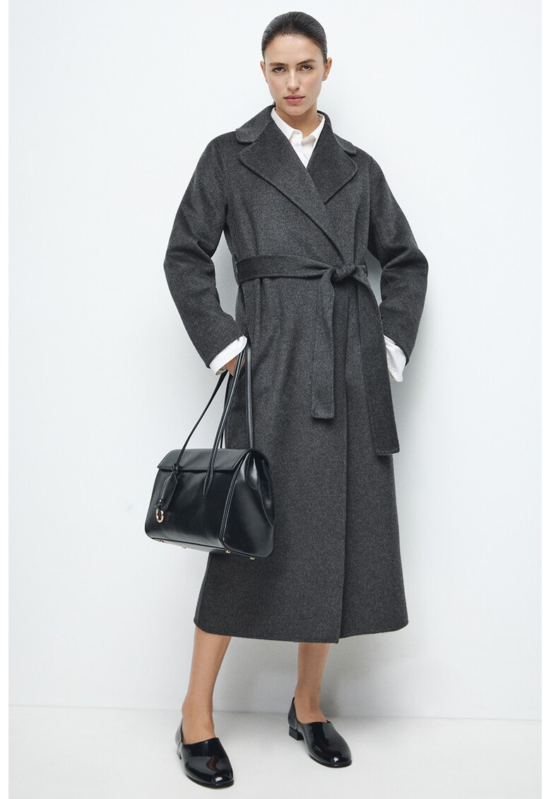 Palton din amestec de lana cu cordon - Gri inchis