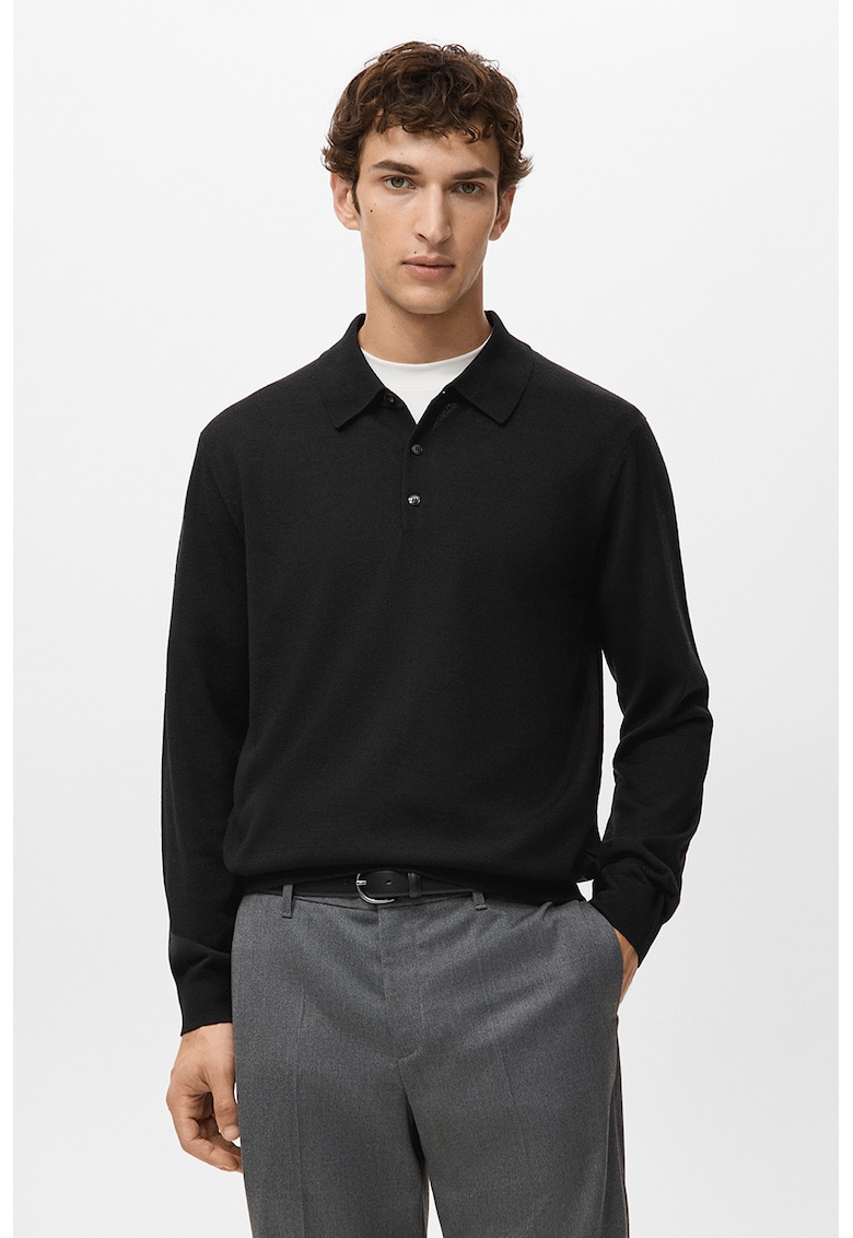 Pulover polo de lana merinos - Negru