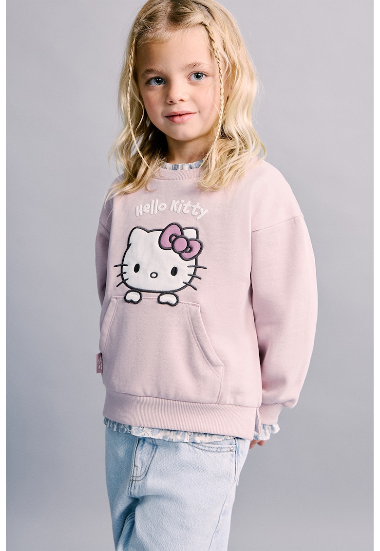 Bluza de trening cu buzunar kangaroo si broderie Hello Kitty - Alb/Roz pastel