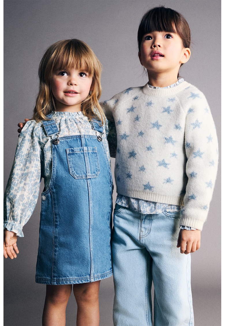 Pulover cu decolteu la baza gatului si model stele - Alb fildes/Albastru prafuit