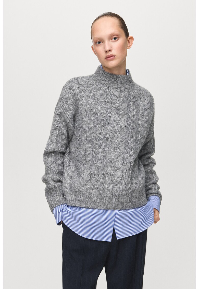 Pulover din amestec de lana cu model torsade - Gri melange