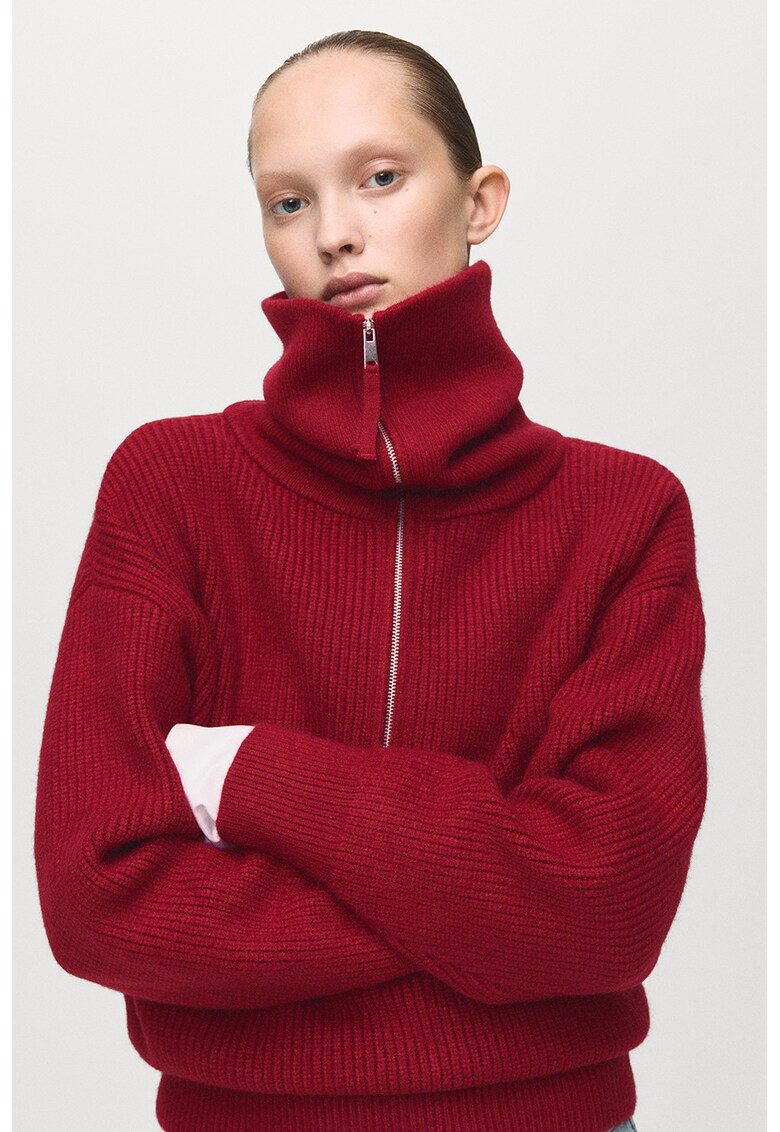 Pulover cu fermoar scurt - Rosu inchis