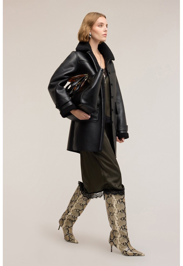 Palton din piele ecologica cu detalii din blana sintetica - Negru