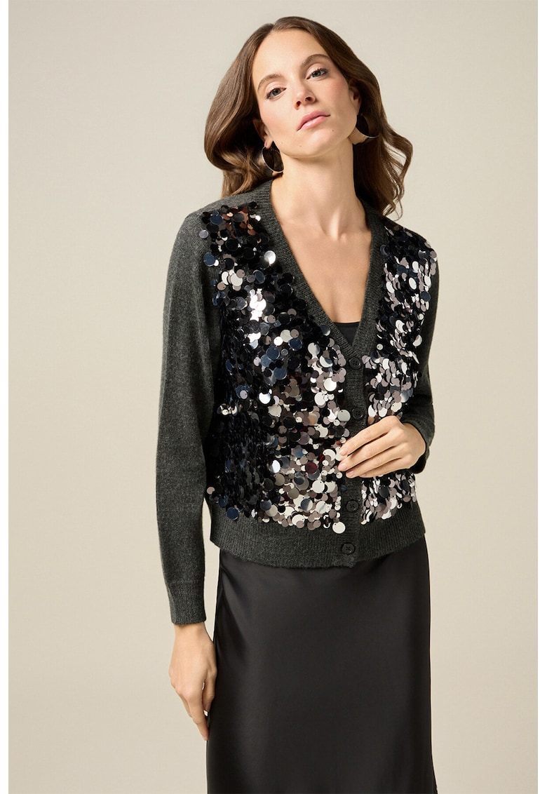 Cardigan cu decolteu in V si paiete - Argintiu/Gri inchis