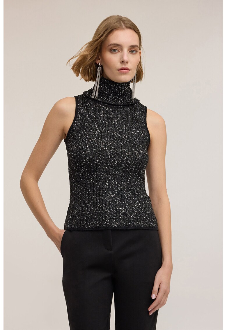 Pulover slim-fit cu guler inalt - Gri antracit/Argintiu