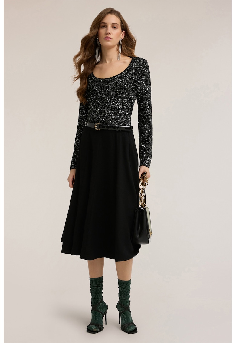 Pulover slim-fit cu decolteu rotund - Negru stins/Argintiu