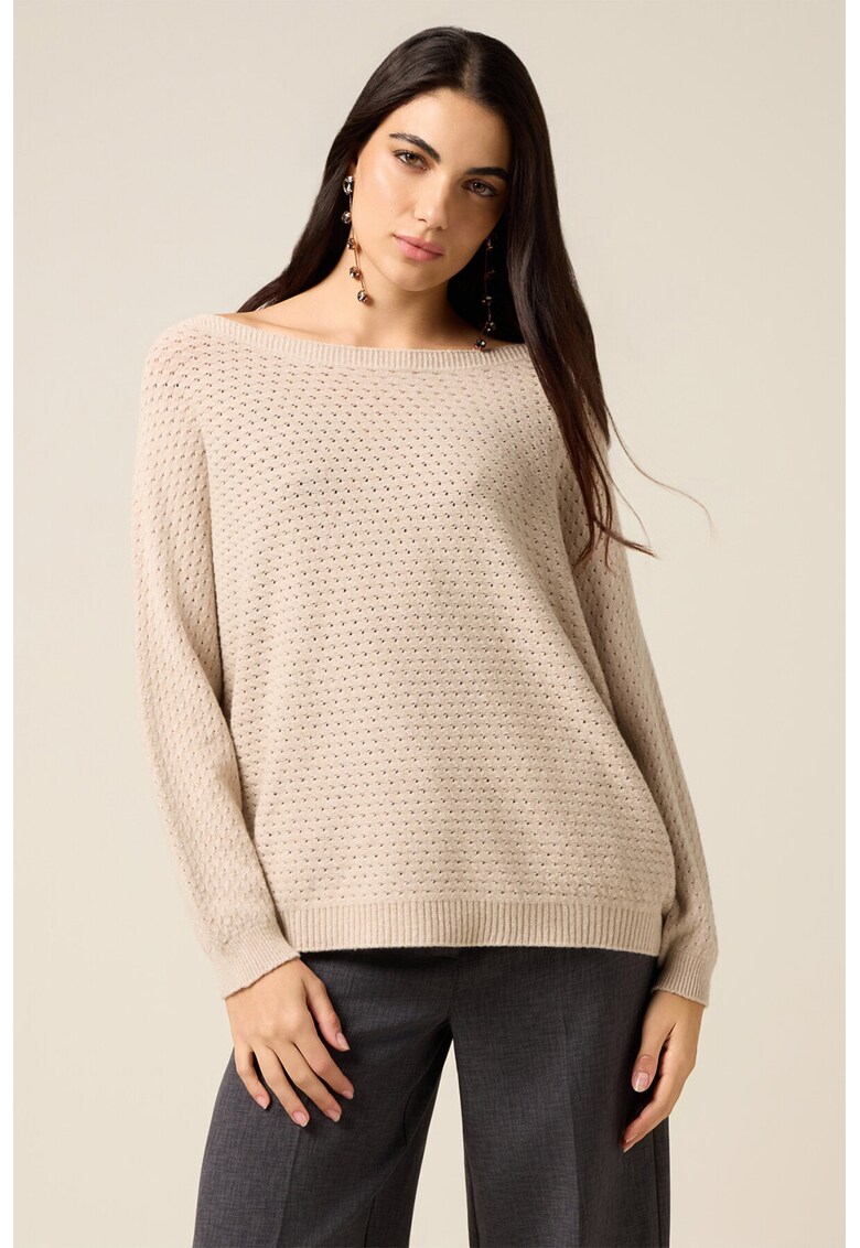 Pulover uni cu decolteu barcuta - Maro nisip