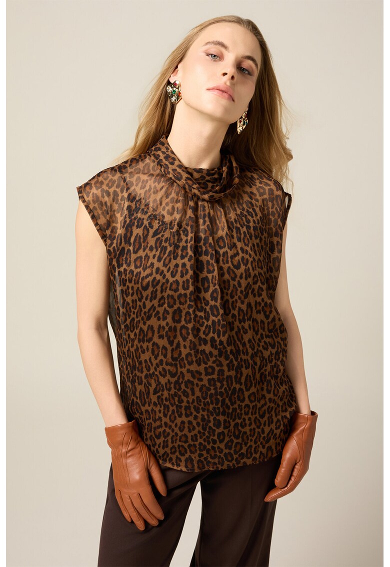 Bluza cu animal print si guler - fara maneci - Negru/Caramel