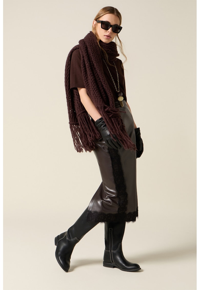 Fusta midi din piele ecologica - Maro inchis/Negru