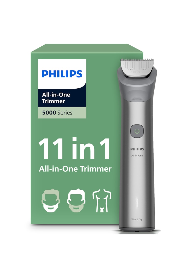 Aparat de tuns barba si parul 10 in 1 Multigroom All in One MG5920/15 - tehnologie BeardSense - lame din otel cu auto-ascutire - 11 setari de lungime - rezistent la apa - husa - Negru / Argintiu - MG5951/15