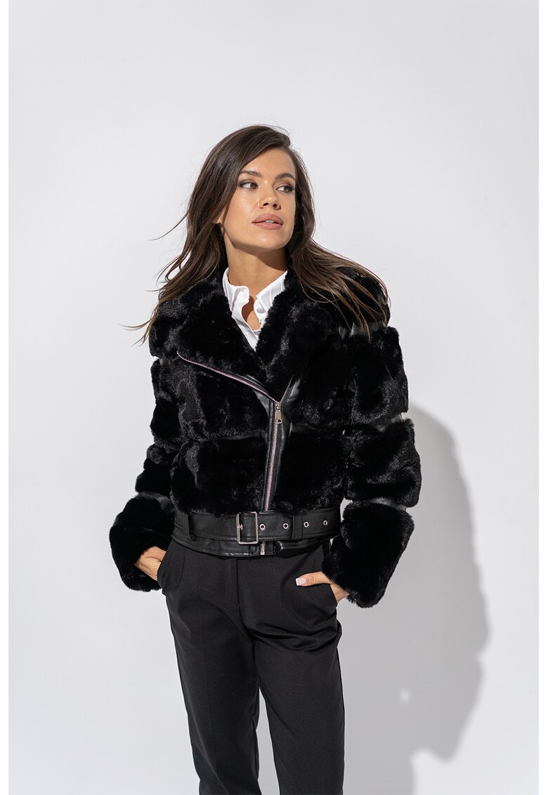 Jacheta de blana sintetica cu insertii de piele ecologica Adela - Negru