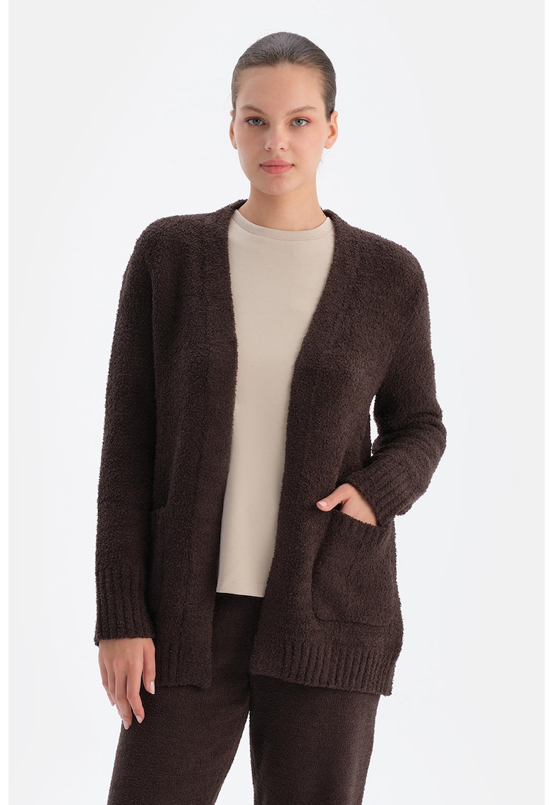 Cardigan din material terry fara inchidere - Maro