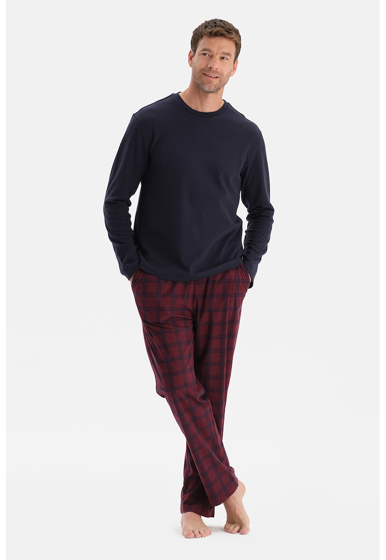 Pijama lunga in carouri - Visiniu/Albastru ultramarin